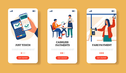 Aufkleber - Online payment with phone screens. Money transfer. Cashless pay for purchases and travel in transport using mobile. Modern banking application interface. Vector financial smartphone app mockup set