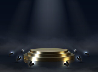 Poster - Golden pedestal. Realistic empty award or ceremony podium. Illuminated stepped platform with spotlights. Round glossy winner stage and puffs of smoke on floor. Vector dark template for presentation