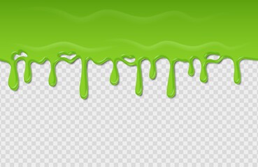 Poster - Slime seamless pattern. Dripping green radioactive substance. Spooky liquid wave on transparent background. Toxic splatter and blob mucus. Template of flowing horizontal border. Vector acidic frame