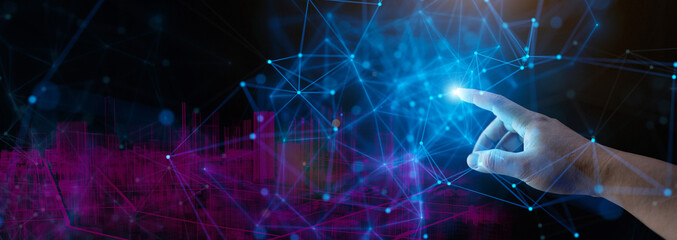 Communication technology background. internet of things IOT smart futuristic city wireless communication network. Hand touching network with connection network with copy space.