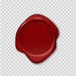 © SpicyTruffel - Wax stamp. Retro realistic red seal. 3D round imprint on transparent background. Blank waxy emboss for old-fashioned postal envelopes and guarantee documents. Vector decorative sign with copy space