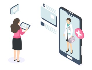 Aufkleber - Online doctor isometric concept. Medical consultation chat. Web service for physicians answering questions. Internet communication between medic and patients. Vector health care recommendations
