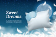Sweet dreams poster. Realistic sleep mask and soft pillow. Comfortable bedding or healthy sleeping. Flying white feathers on background of night sky with full moon and stars. Vector banner template