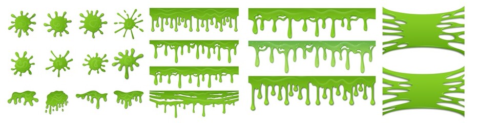 Poster - Green slime. Toxic mucus. Bright blots and smudges or dripping streams. Spooky sticky stretch texture. Different shapes of radioactive substance. Creepy flowing borders templates, vector acidic set