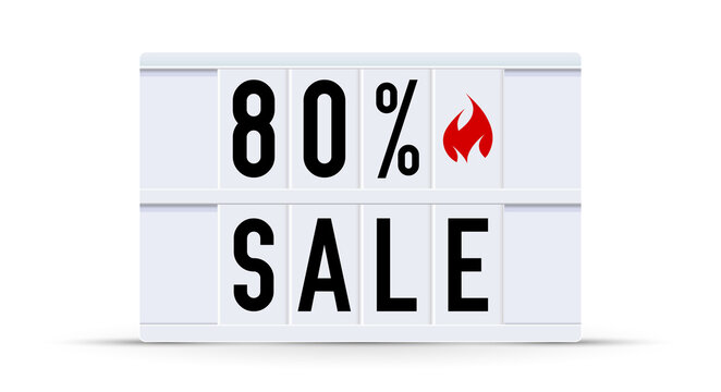 80 percent sale. Text displayed on a vintage letter board light box. Vector illustration.