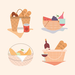 Sticker - picnic basket different collection with wine bottle fruits bread and juice