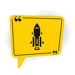 Sticker - Black Rocket ship with fire icon isolated on white background. Space travel. Yellow speech bubble symbol. Vector.