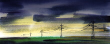 Watercolor Evening Landscape Of Beautiful Soft Yellow Sky With Tremendous Heavy Dark Clouds Above Green Fields And Road With Row Of Power Lines. Hand Drawn Brush Stroke Summer Illustration