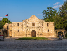 The Alamo In San Antonio Texas Straight On With No Tourists Or Obstructions On A Clear Day. Historic Texas Mission And Battle Site In The Texas Revolution Against Mexico