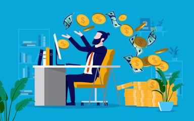 Poster - Make money online - Businessman getting paid from computer at home. Vector illustration.