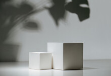 Composition Of Two White Cubes In Front Of A White Wall With A Shadow Of Big Leaves Of Monstera Plant. Geometrical Symmetrical Objects.