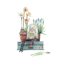 Watercolor Illustration Of A Rural House With Daffodil Flowers In Pots, A Vintage Suitcase And A Ladder. Cute House With Hand-drawn Flowers. Watercolor Illustration For Postcards, Souvenirs.