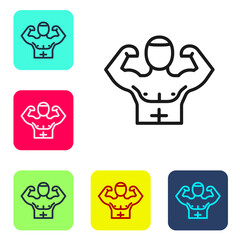 Wall Mural - Black line Bodybuilder showing his muscles icon isolated on white background. Fit fitness strength health hobby concept. Set icons in color square buttons. Vector.