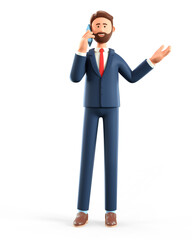 Wall Mural - 3D illustration of standing happy man talking on the smartphone and gesturing hand. Cute cartoon smiling bearded businessman on the phone call, isolated on white.