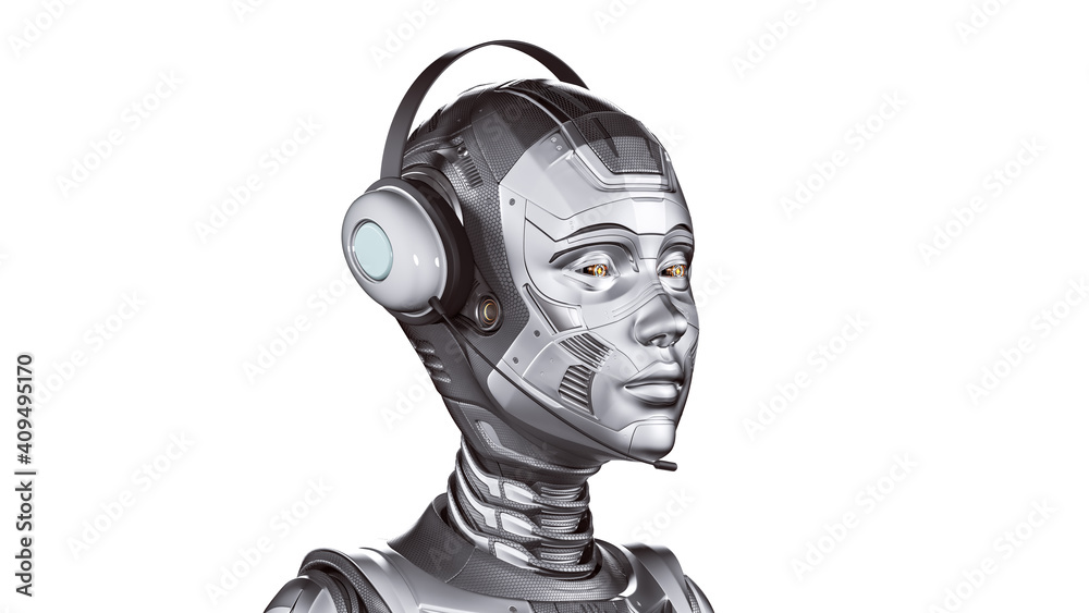 3d render of detailed robot woman or futuristic cyber girl with headset ...