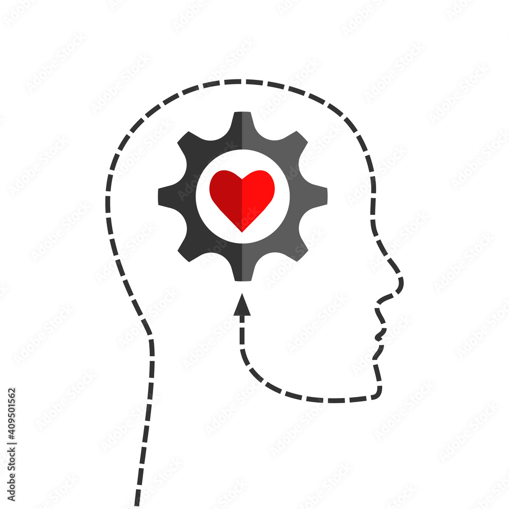 Human head silhouette made of dotted line with gear and heart shape inside as positive thinking, inspiration, mental health or emotional intelligence concept - obrazy, fototapety, plakaty 