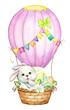 Cute rabbit, in a basket, with Easter eggs, and flowers. Watercolor concept on an isolated background for the Easter holiday.