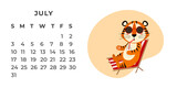 Fototapeta  - Desktop calendar design template for July 2022, the year of the Tiger according to the Chinese calendar. Vector stock flat illustration.