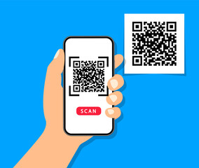 Wall Mural - QR code scan to smartphone. Qr code for payment. Mobile phone scanning QR-code. Verification. Vector illustration.