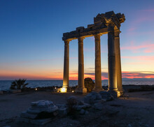 Temple Of Apollo At Sunset, Greek Ancient Historical Antique Marble Columns In Side Antalya Turkey