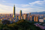 Fototapeta  - Beautiful scenery of Taipei City skyline view from Elephant Mountain at sunset landmark of Taiwan