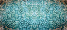 Old Aquamarine Turquoise Vintage Shabby Damask Floral Flower Patchwork Tiles Stone Concrete Cement Wallwallpaer Texture Background Banner