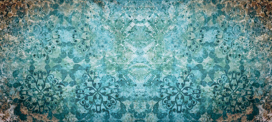 Wall Mural - Old aquamarine turquoise vintage shabby damask floral flower patchwork tiles stone concrete cement wallwallpaer texture background banner