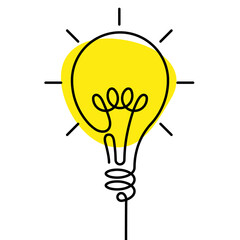 lamp with yellow light drawn in a continuous line on a white background. Vector, illustration