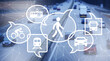 New mobility Illustration. Infrastuktur und Stadtplanung, Mobilitätswende / Verkehrswende, Autofreie Innenstadt, öffentliche Verkehrsmittel, Konzept zur Nutzung der Stadt für Verkehrsteilnehmer.