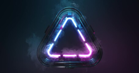 Poster - cyber city glowing neon light abstract triangular shape. smoke and heat generated by portal or sign.
