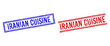 © Tensor Designs - IRANIAN CUISINE rubber imprints with grunge texture. Vectors designed with double lines, in blue and red variants. Caption placed inside double rectangle frame and parallel lines.