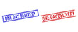 © Tensor Designs - ONE DAY DELIVERY rubber imitations with grunge style. Vectors designed with double lines, in blue and red versions. Tag placed inside double rectangle frame and parallel lines.