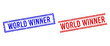 © Tensor Designs - WORLD WINNER rubber watermarks with distress style. Vectors designed with double lines, in blue and red variants. Word placed inside double rectangle frame and parallel lines.