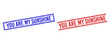 © Tensor Designs - YOU ARE MY SUNSHINE rubber overlays with grunge texture. Vectors designed with double lines, in blue and red colors. Text placed inside double rectangle frame and parallel lines.