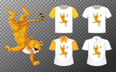 Poster - Set of different shirts with leopard dancing cartoon character isolated on transparent background