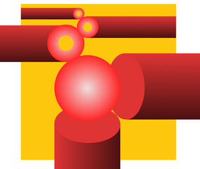 Poster - Abstraction with red balls. Pipes and balls on a yellow background. Red on yellow.