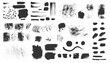 Vector hand drawn ink design elements. Sponge stamps, dry brush marks, splatter sprinkles, wave, black frames. Set of grunge black artistic brushstroke design elements isolated on white background