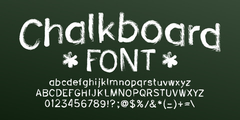Poster - Chalkboard alphabet font. Hand drawn uppercase and lowercase letters, numbers and symbols. Stock vector typescript for your design.