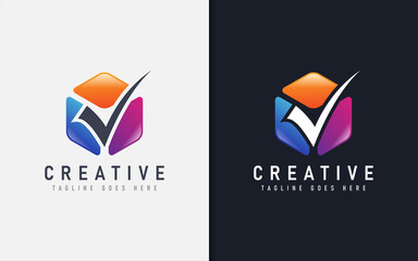 Wall Mural - Creative Colorful Cube Combine with Tick Symbol. Abstract Modern Logo Template Design.