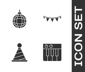 Sticker - Set Music synthesizer, Disco ball, Party hat and Carnival garland with flags icon. Vector.