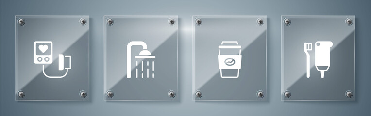 Canvas Print - Set Toothbrush and toothpaste, Coffee cup go, Shower head and Blood pressure. Square glass panels. Vector.