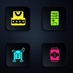 Sticker - Set Energy drink, Waistcoat, Viking horned helmet and Computer. Black square button. Vector.