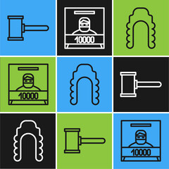 Sticker - Set line Judge gavel, Judge wig and Wanted poster icon. Vector.