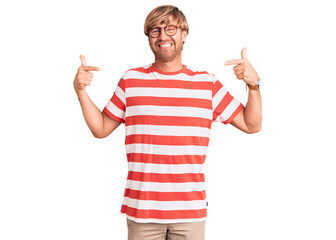 Sticker - Handsome caucasian man with beard wearing casual clothes and glasses looking confident with smile on face, pointing oneself with fingers proud and happy.