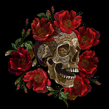 Embroidery Human Skull And Red Roses Flowers. Fashion Clothes Template And T-shirt Design. Dark Gothic Art. Halloween Art. Medieval Style