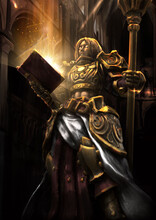 A Female Priest In Heavy Gold Armor Holds An Open Magic Book That Radiates Divine Light In One Hand, And A Huge Mace In The Other Hand.. 2d Illustration