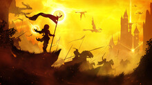 Silhouette Of A Little Girl With A Flag Standing In A Battle-calling Pose, Under Her Command An Army Of Knights On Horseback And Dragons Flying Through The Yellow Sky. 2d Illustration