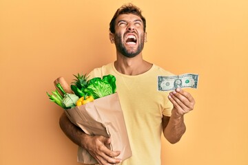 Poster - Handsome man with beard holding groceries and 1 american dollar banknote angry and mad screaming frustrated and furious, shouting with anger looking up.