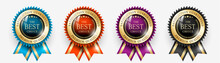 Premium Quality / Best Choice Medals Set. Realistic Golden Labels - Badges, Best Choice With Ribbon. Realistic Icons Isolated On Transparent Background. Vector Illustration EPS10