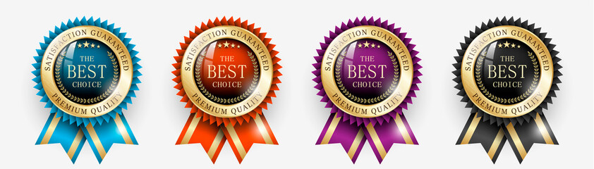 premium quality / best choice medals set. realistic golden labels - badges, best choice with ribbon.